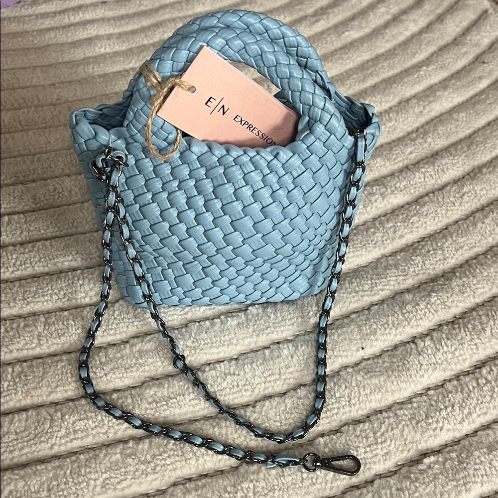 Blue Woven Handbag with Chain Strap
